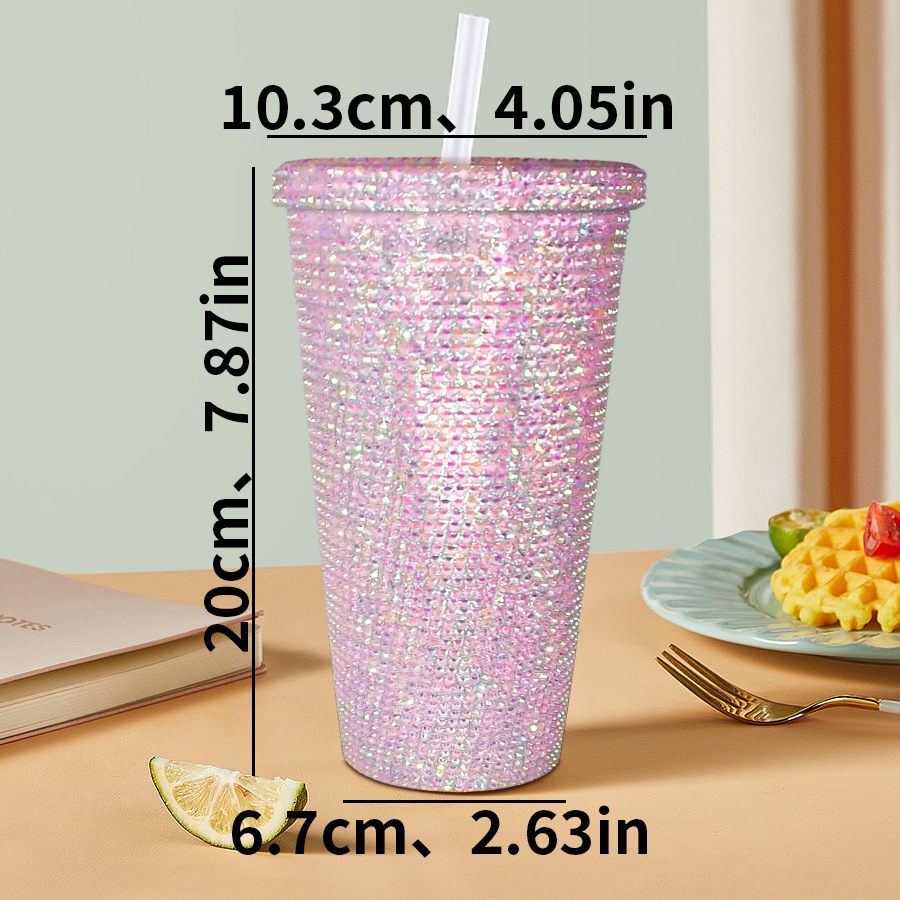 Vaso de agua adelgazante con incrustaciones de diamantes de imitación, vaso de doble capa para bebidas frías, vaso con pajita de diamantes de imitación de alto valor, vaso de agua creativo de gran capacidad con diamantes de imitación.