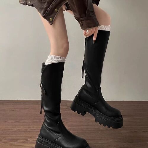 Knight Boot Thick Sole 2024 Autumn/Winter New Model Back Zip High Cylinder Knee-High Mini Girl Elastic Long Boots