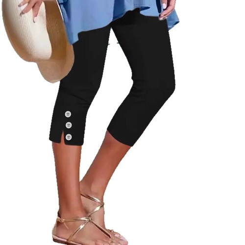 2025 Summer Medium-Waist Elastic Solid Color Seven-Foot Tight Fashion Sexy Button-Patch Casual Pants for Women