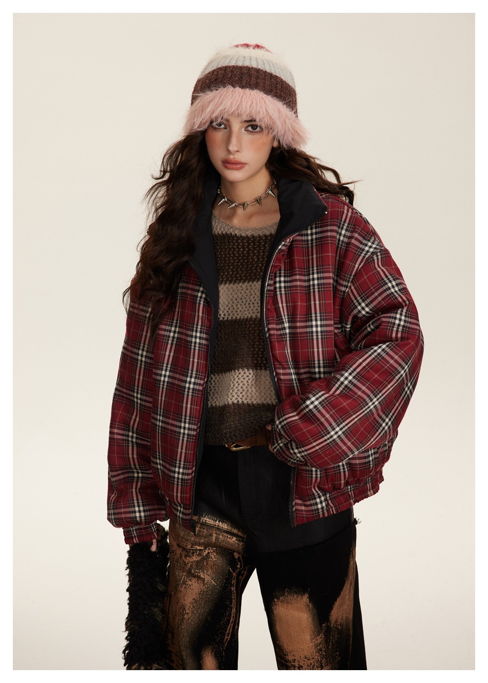 Herrenbekleidung Retro-Karierter Baumwollmantel Paar Wintermantel Männer und Frauen doppelseitiger Baumwollmantel mit Stehkragen_voghion.com