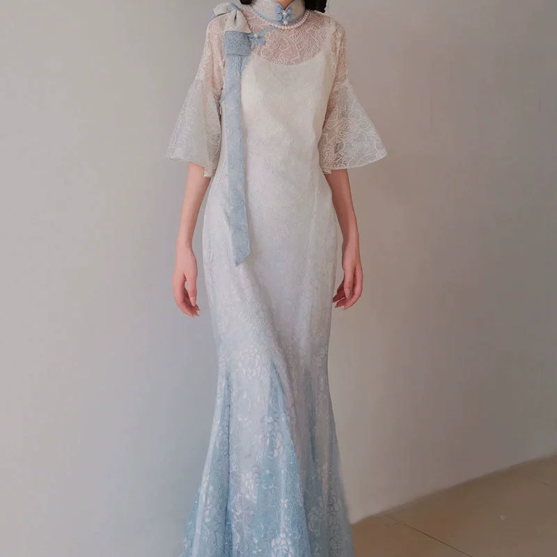 Новый китайский стиль, художественный и национальный стиль, перевернутые большие рукава, воротник-стойка, затягивающий талию, юбка-рыбий хвост супер, подчеркивающая фигуру, новый летний стиль.