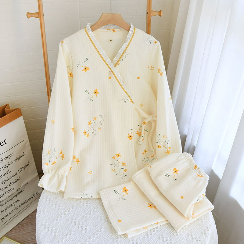 日式月子服秋冬哺乳期产后喂奶衣孕妇睡衣春秋夹棉产妇喂奶家居服