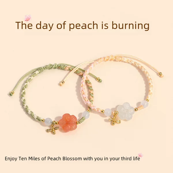 South red agate original design light luxury National style rich flower handmade woven bracelet small peach flower hand rope adjustable