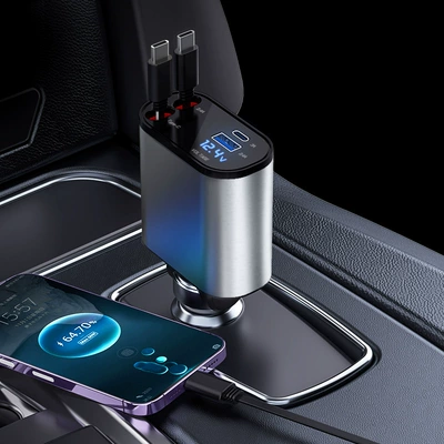 Metal car charger 100W super Mobil şarj cihazları - metallic-silver-gray-100w-two-wire-telescopic-digital-display-type-c-type-c