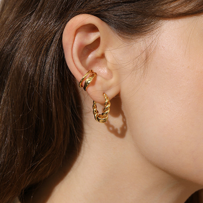 18K goldplated hoop jewelry doubleline crosswound twisted geometric Cshaped earrings stainless steel earringspicture2