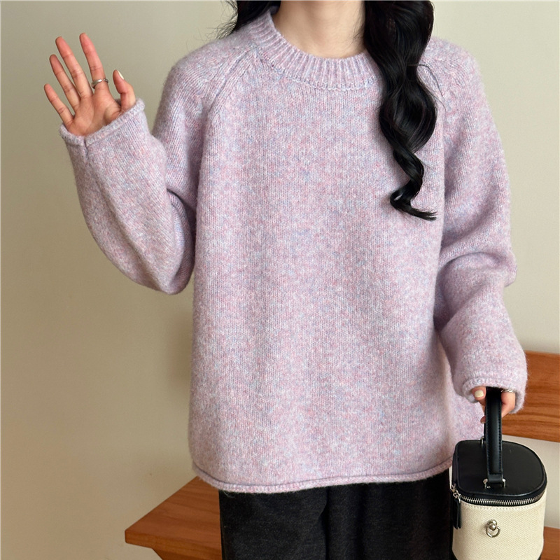 慵懒风温柔软糯卷边奶蓝色毛衣套头女宽松冬季加厚针织衫内搭上衣|undefined
