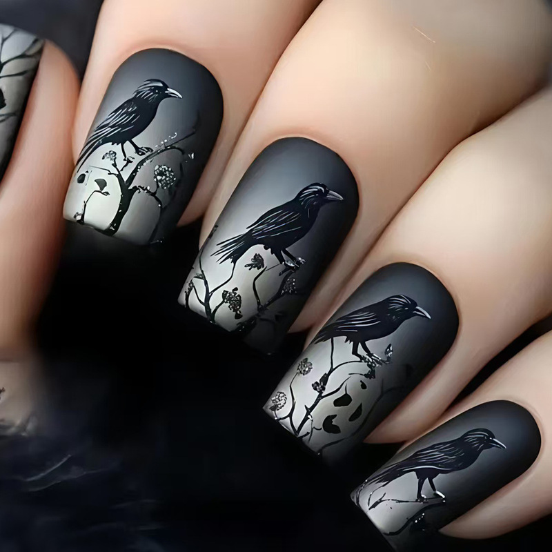 New Dark Gothic Style Cross-Border 24-Piece Halloween Crow and Dead Tree Fake Nails Popular Nail Stickers Manicure
