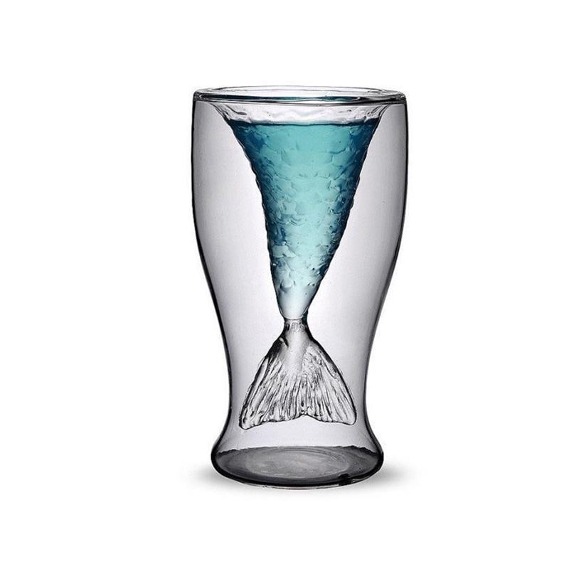 Taza de vidrio creativo resistente a altas temperaturas de alta borosilicona, taza de vino transparente de doble capa, taza de agua de sirena, taza de cola de tiburón