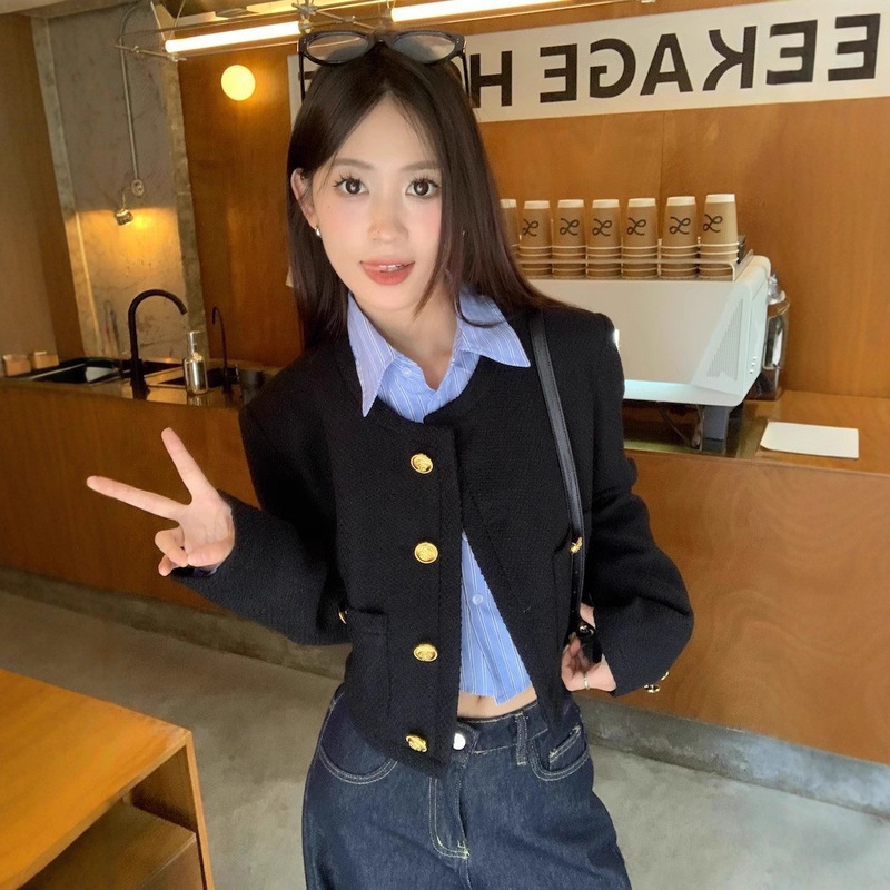 韩系小香风黑色外套女春秋季2025新款早初秋装高级感短款上衣套装|undefined