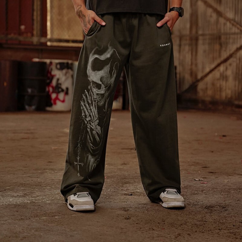 Youngla 202 New Style Sports Fitness Pants Jogker Cotton Terry Printed Wide-Leg Pants