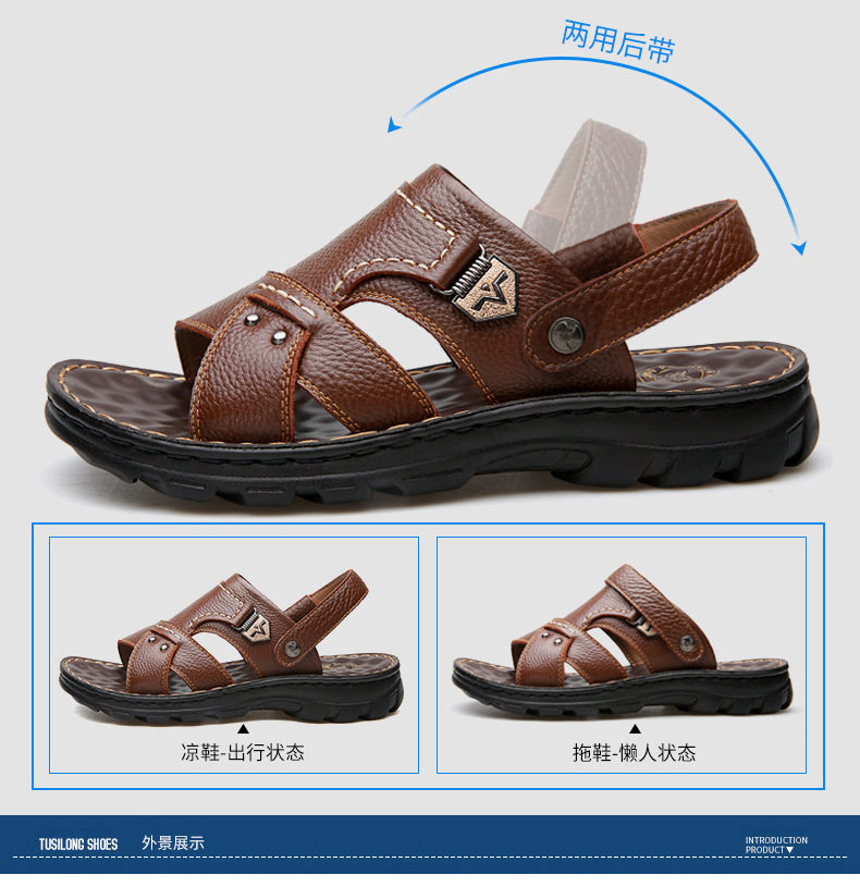 Dép sandal nam da bò lớp đầu hở ngón quai hậu thoáng khí — 10498 màu đen, Màu nâu 10498 chi tiết 17