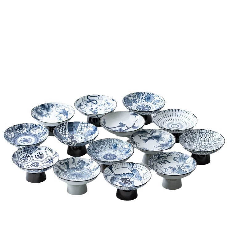 Retro blue and white ceramic fruit disk tea dial house home ceramic high -foot snack disk