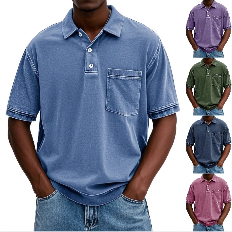 2025 New Cross-Border Amazon Independent Station European and American Men's Polo Shirt Pullover Washed Distressed Short-Sleeved T-Shirt