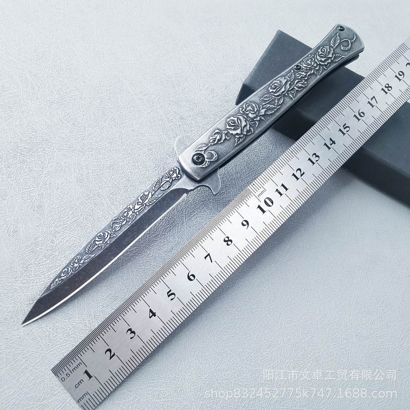 剑鱼全钢小刀玫瑰花浮雕户外防身便携工具锋利折叠刀不锈钢水果刀
