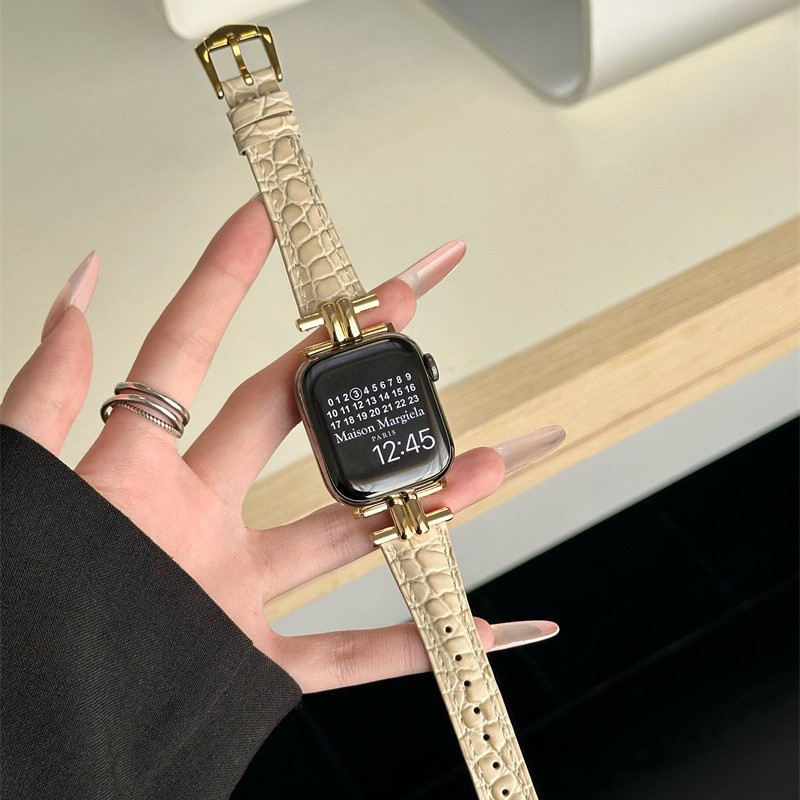 Iwatch10 Watch Strap with High-End Genuine Leather Crocodile Pattern Suitable for Apple Watch 11Th Generation 98 Creative Metal Arc De Triomphe
