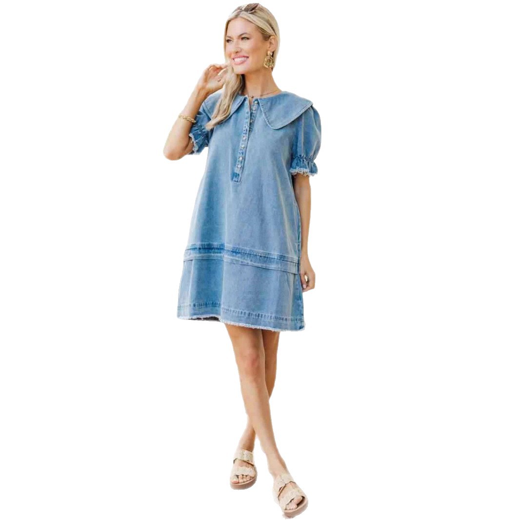 Women's Summer Denim Dress New Arrival Lapel Loose Ruffle Style_ecoleips.com