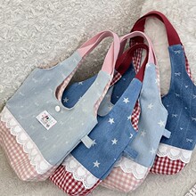 59171 韩系ins甜美蕾丝花边手拎包拼接撞色手提包外出便携式女包