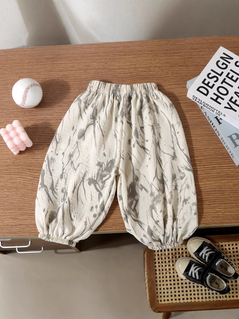 Summer Ice Silk and Linen Bloomers for Kidsren, Loose and Cool Floral Anti-Mosquito Pants, Breathable and Thin, Baby Leggings for Men and Women