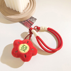 喜慶新年紅花朵發掛飾手提鏈毛絨鑰匙扣掛件可愛手機掛繩飾品掛鏈