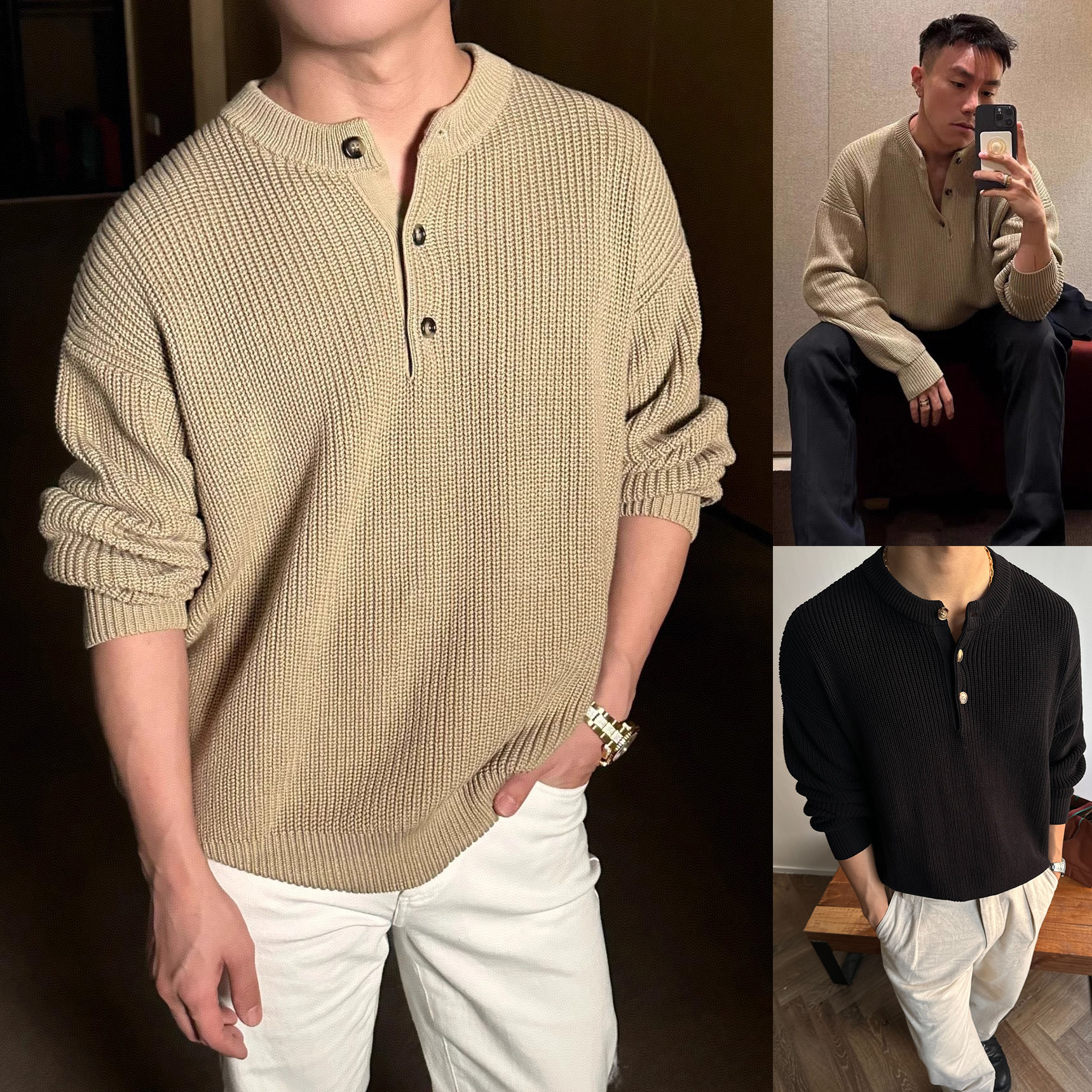 Henry Collar Knit Sweater Men's Thick Yarn Sweater Simple Solid Color Autumn and Winter Base Shirt Trendy Foreign Trade Cross-Border