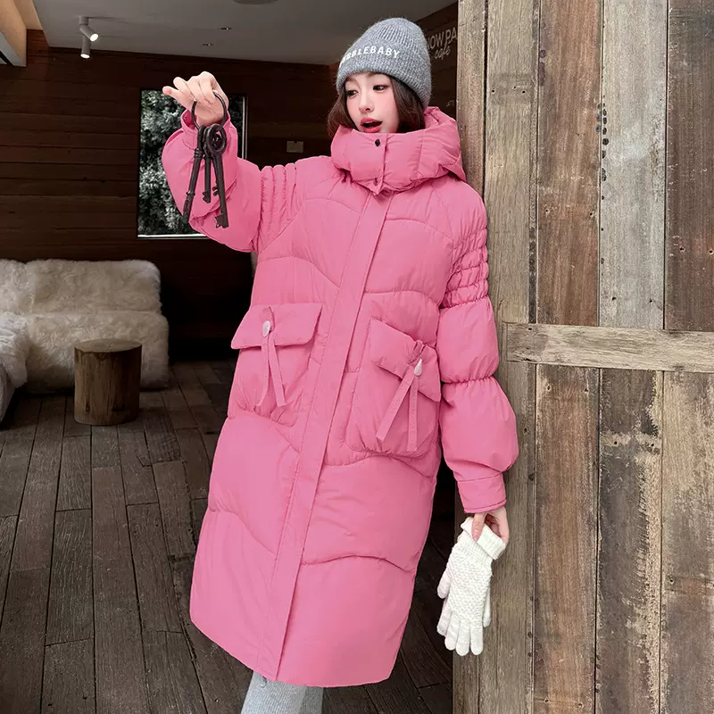 棉服女过膝长款纯色加厚外宽松保暖中长款防寒服棉袄连帽气质棉衣