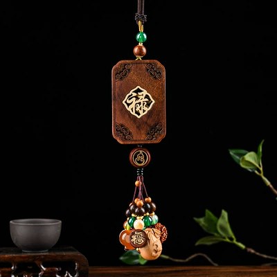 New Rosewood Blessing Brand High-End Car Pendant Creative Boutique Car Decoration Rearview Mirror Pendant Gift Car Supplies (Car hanging) - double-sided-wood-hollowed-out-pendant-fluorbeaded