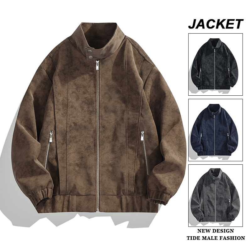 外套夹克男皮衣春秋新品高档立领外套男宽松潮牌韩版商务休闲男装