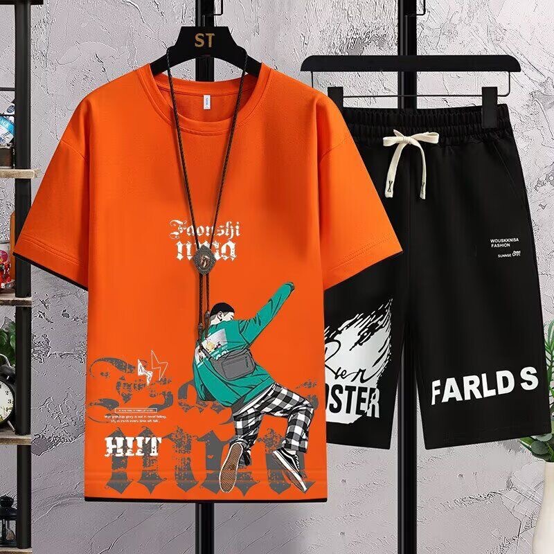 Trendy Brand Men's New Summer Short-Sleeved T-Shirt Dopamine Two-Piece Casual Sports Casual Handsome Shorts Set Trendy Brand Men's New Summer Short-Sleeved T-Shirt Dopamine Two-Piece Casual Sports Casual Handsome Shorts Set