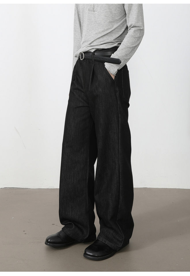 Quần jean nam ống rộng lưng trung, phom suông thoải mái, vải denim phối lụa sợi tổng hợp xếp li nhẹ — Cao bồi xanh, Cao bồi đen, Màu cà phê đậm chi tiết 17