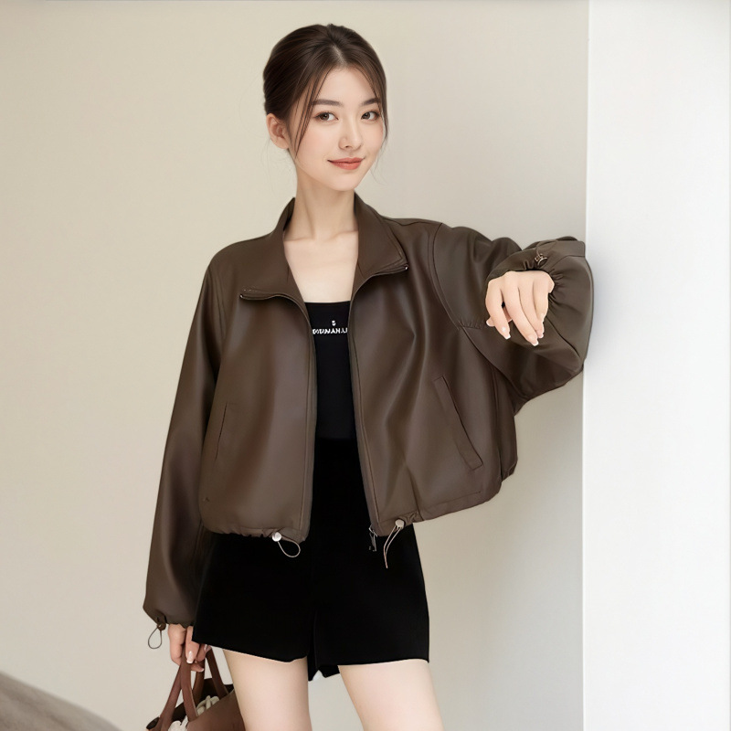 Brown Leather Jacket for Women 2025 Spring & Fall Hong Kong Style Retro Loose Short Style Slim Pu Motorcycle Leather Jacket for Small People