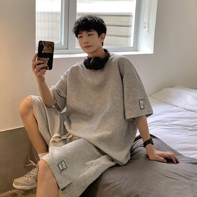 Waffle verano deportes traje de los hombres casual suelta marca de moda camiseta de cinco puntos INS de moda de manga corta pantalones cortos de dos piezas conjunto