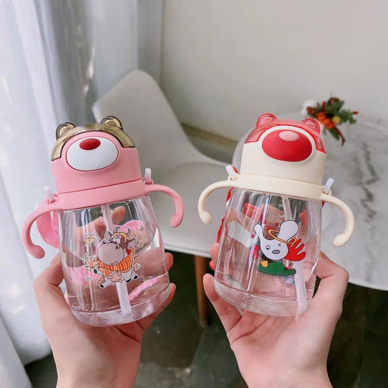 Colorful Children's Water Cup with Straw, Plastic Shockproof Cup, Elementary School Cartoon Style, Kindergarten Handle, Portable Water Bottle