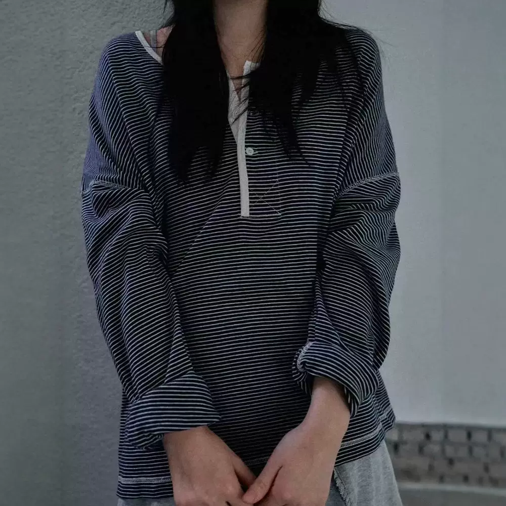 现货 条纹长袖T恤女2025秋季新款宽松休闲韩系翻领上衣viapla*n