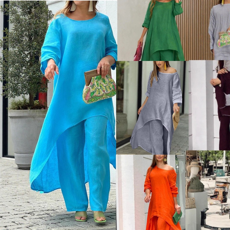 2025 European and American New Women's Clothing Cotton and Linen Fashion Casual Large Size Asymmetrical Long-Sleeved Suit Wide-Leg Pants Two-Piece Set