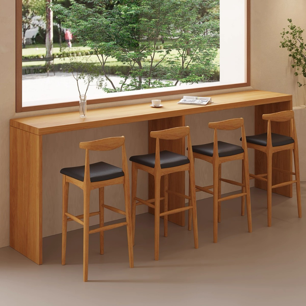 Milk Tea Coffee Shop All Solid Wood Bar Table by the Window Commercial Shop Long Narrow Table Bar High Table and Chair Factory