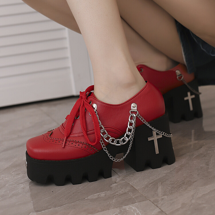 European and American Harajuku Gothic Punk Style Women's Thick Heel Platform Shoes Metal Chain Cross Decoration Jk Uniform Oxford Women's Shoes