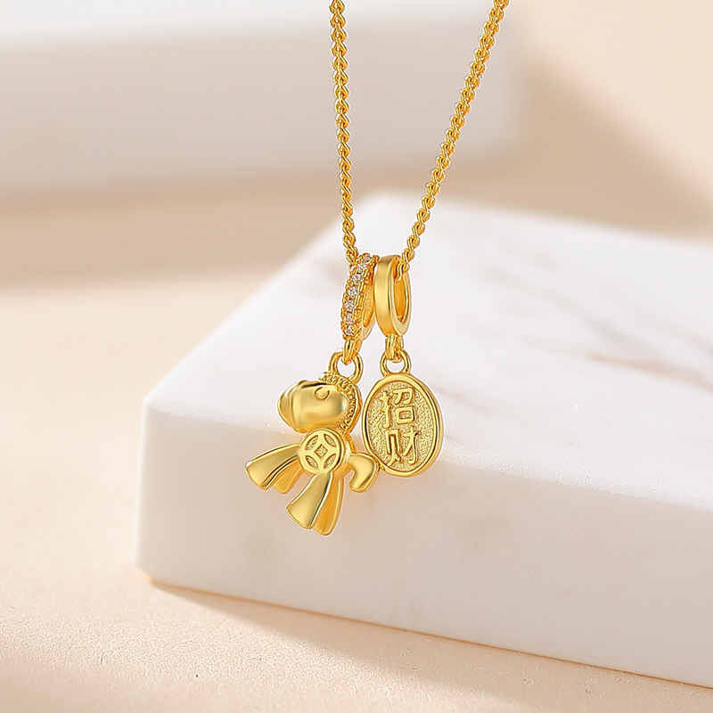 Bộ dây chuyền bạc S925 mặt ngựa kéo may mắn – đồng xu ba chiều phong thủy — Mẫu bạc (bộ dây chuyền)