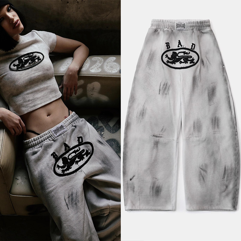 badblood American Tie-Dye Machete Pants Spice Girls Loose Casual Wide-leg Pants White Loose Waist Lace-up Pants for Women