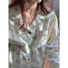 跨境外贸女纯棉睡衣长袖柔软磨毛碎花长袖印花可外穿家居服套装