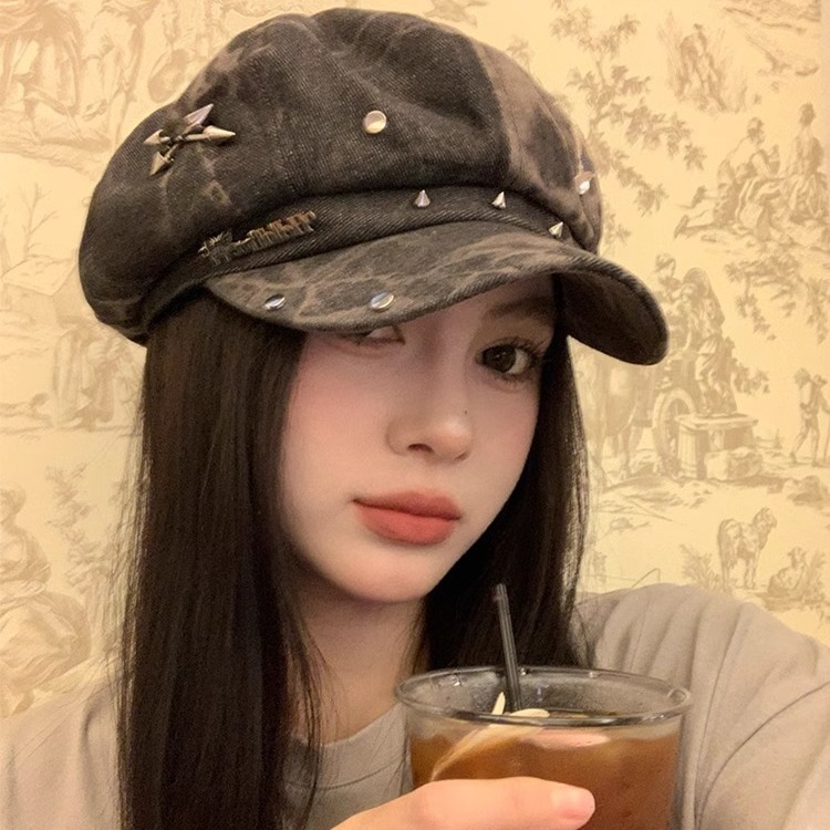 Korejska oprana beretka s zakovicama za žene, proljetna i jesenska nišna svestrana osmerokutna šešira velikog opsega glave, mala kapa s velikim opsegom lica_voghion.com