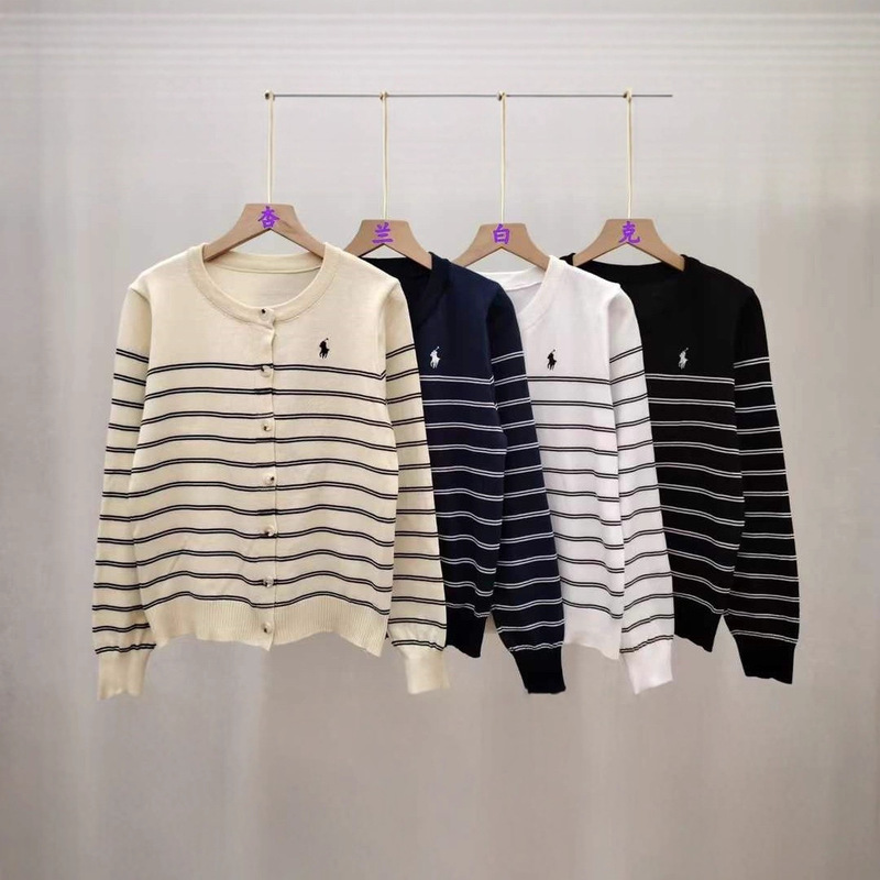 Autumn New Women's Korean Design Contrasting Round Neck Stripesd Knitted Cardigan High-End Sweater Jacket Top