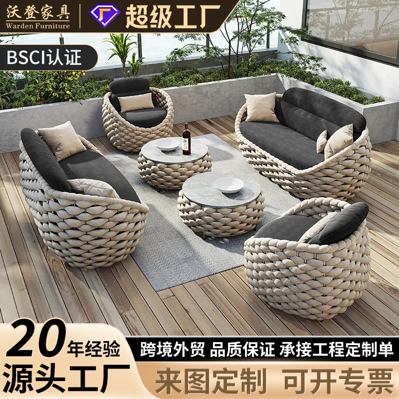 Simple outdoor rattan and teak sofa, waterproof and sun-resistant, for patio and garden use, modular sofa furniture, direct from the factory
