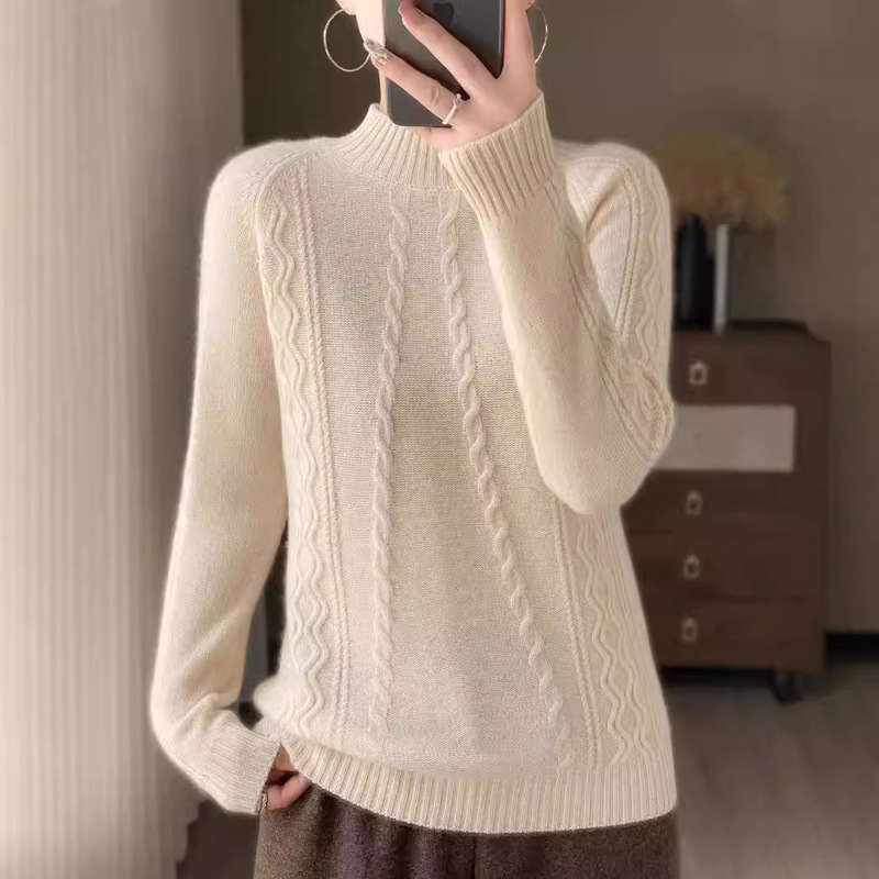 Autumn and Winter New Korean-style Pullover Half-height Andi Velvet Knitted Sweater Women's Solid Color Thick Twist Long-sleeved Base Shirt