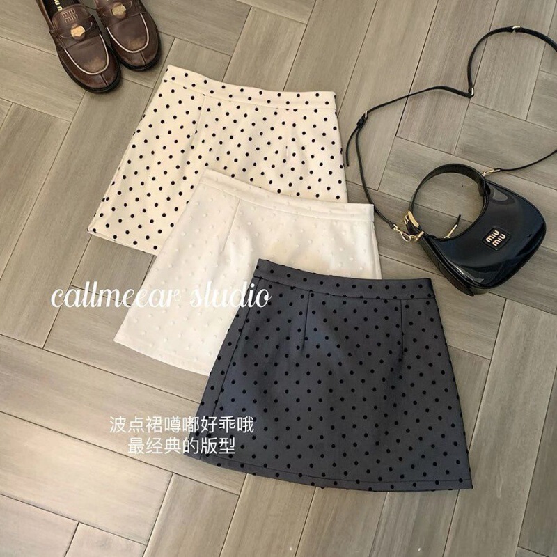 Vintage Girly Flocking Wave Dot High Waist Skirt Women's Summer New A- line Skirt Elegant Casual All-match Skirt