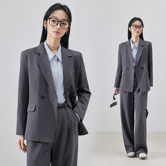 灰色宽松休闲慵懒风秋冬西装套装女工作服大学生面试职业装女西服