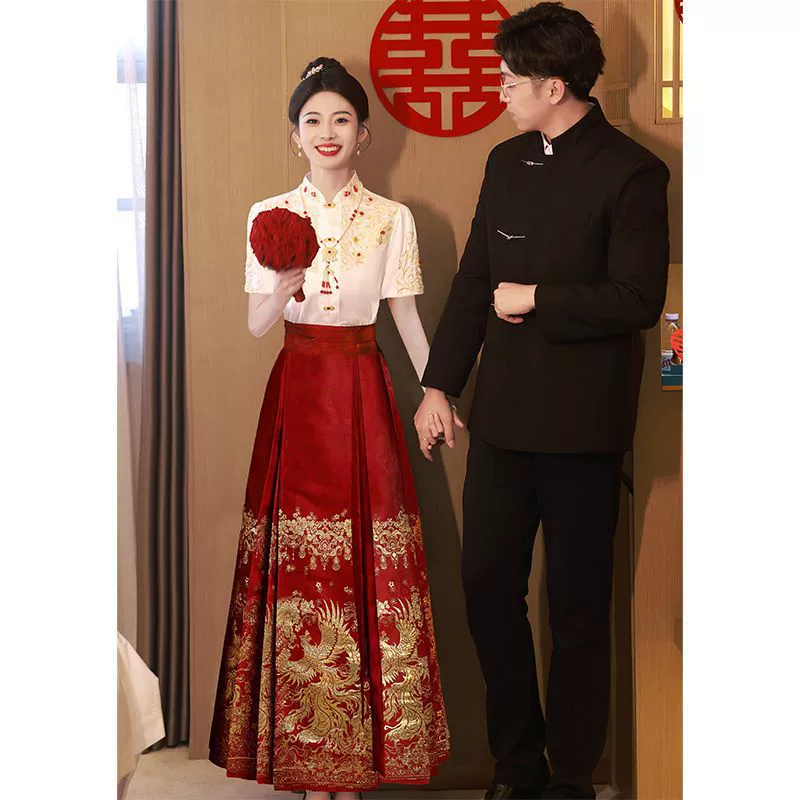 Set, evening dress, wedding dress for bride, plus size, Chinese style, with embroidery