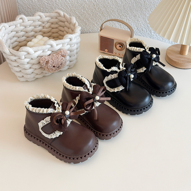Korean Style Forest Girl Boots Leather Shoes 2025 Spring & Fall New Leather Boots Kidsren's Short Boots Martin Baby Bow Princess