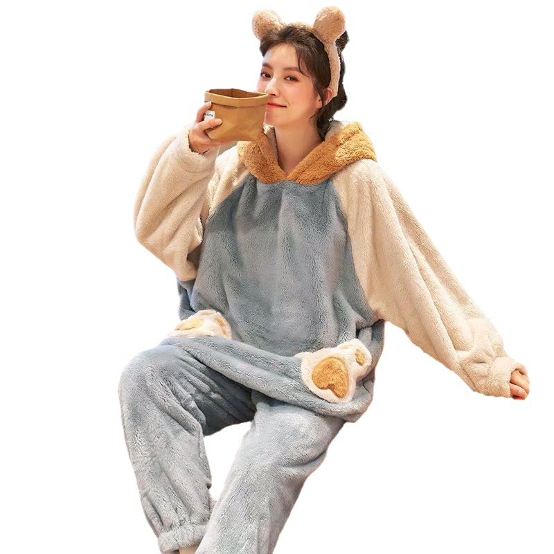 YI ROU QING 가을과 겨울 남자와 여자를위한 두꺼운 플란넬 커플 잠옷 따뜻한 산호 양털 겨울 홈 옷