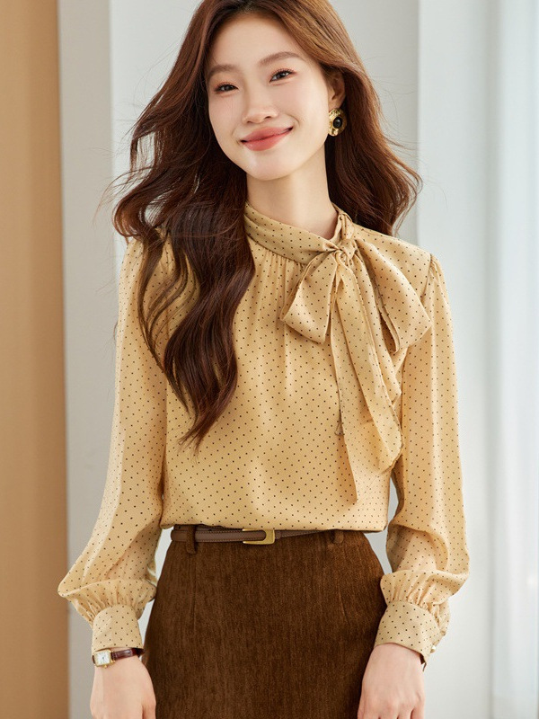 Autumn design retro shiffon shirt with bow