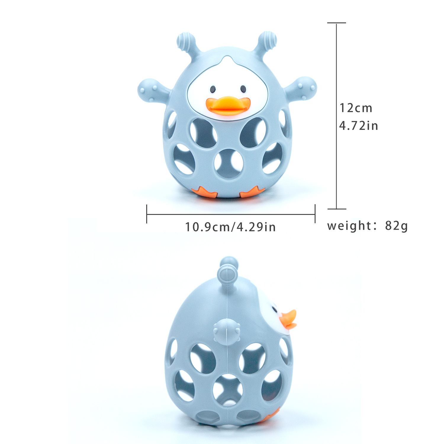 Nuevo producto pato mordedor bebé campana de tiro de mano bola molar palo de silicona bebé período de deseo oral mordedor anti-comer dios de la mano